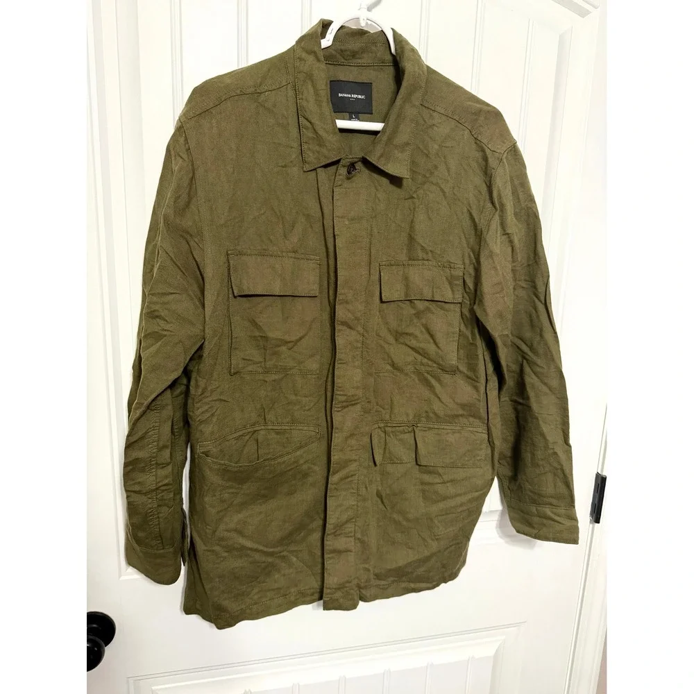 Banana Republic Field Jacket Mens Large Olive Green Linen Cotton Utility Coat